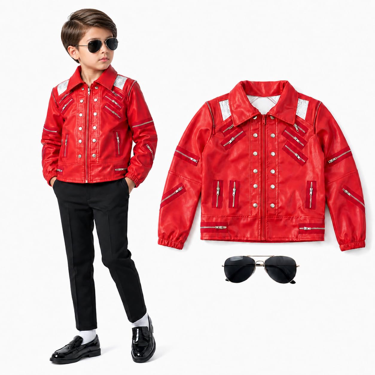 Lyxaof Kids 80s Pop Star Fancy Dress for Boys and Girls with Jacket and Sunglasses (Red, L)