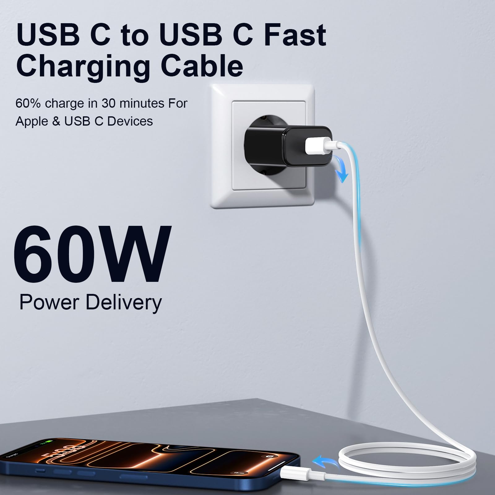 Cable USB C a USB C de 6 pies, paquete de 3