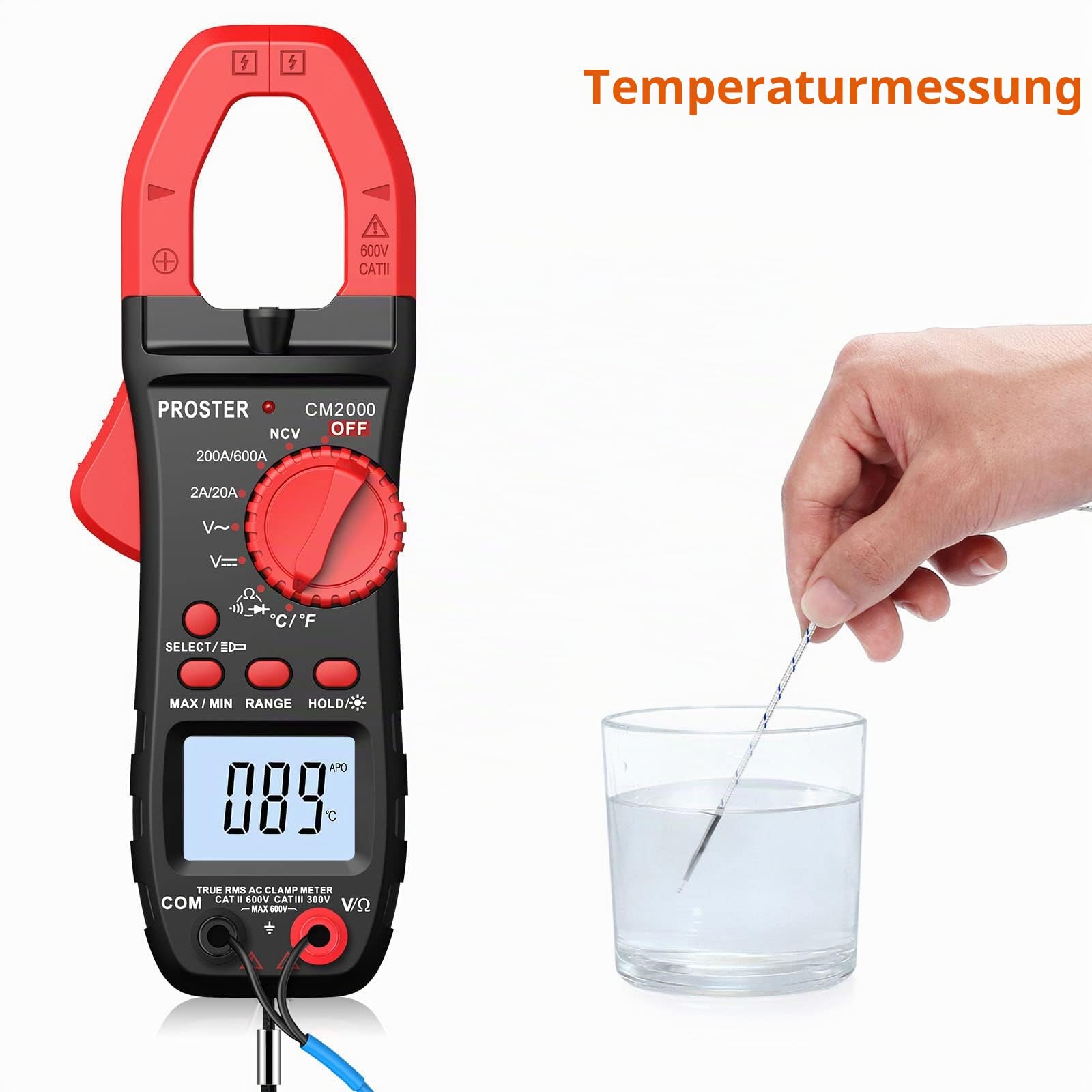 Proster Digitale Stromzange Auto Ranging DC/AC Strom Multimeter Strommessgerät mit LED Licht für Spannung Strom Widerstand Kapazität Frequenz Durchgang Temperatur (Rot)