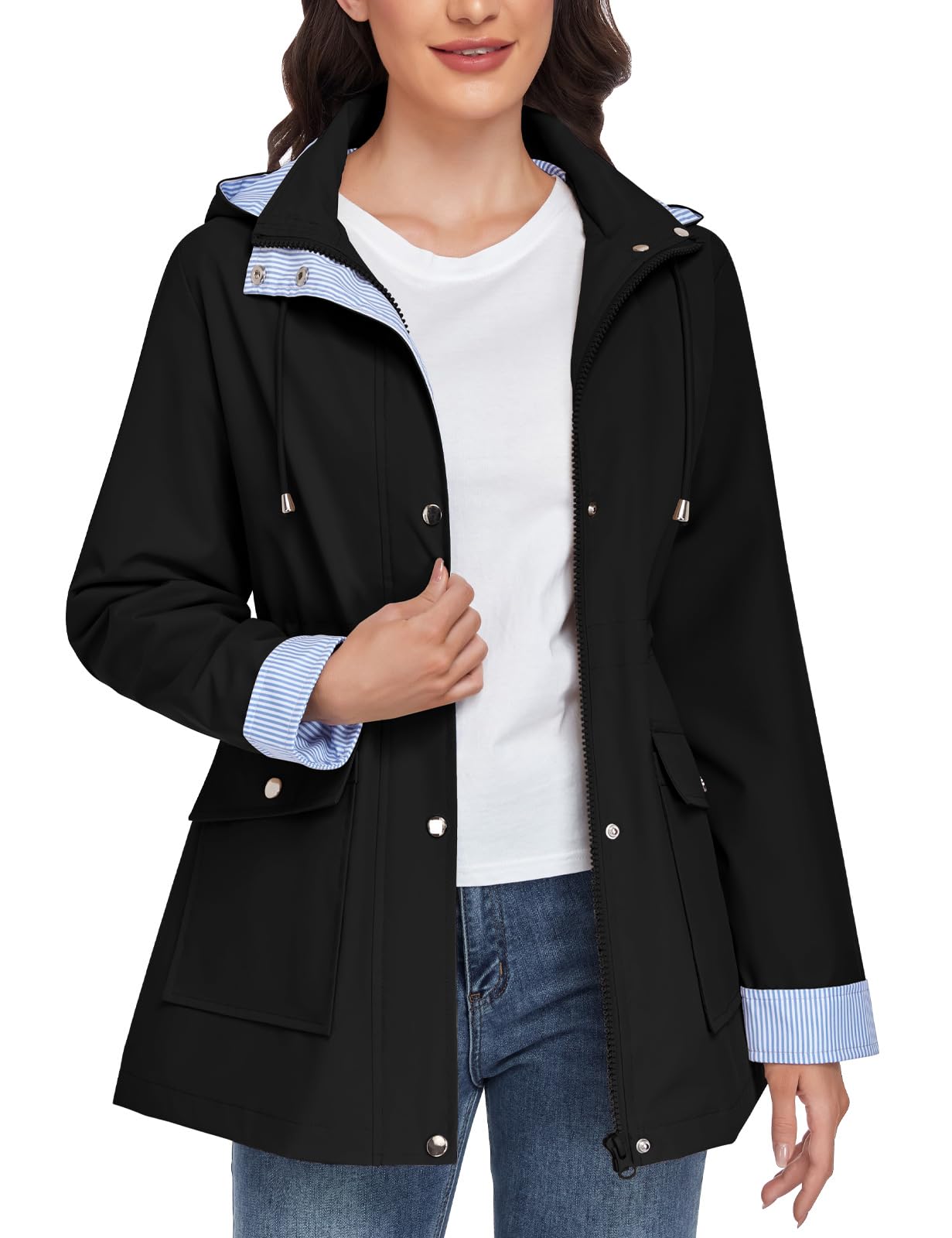 heekpek Veste Imperméable Femme Longue Coupe Vent Rayé Parka de Pluie avec Capuche Léger Manteau Mi Saison Vêtements Printemps Automne Vestes Zippé Chic Blousons d'Extérieur