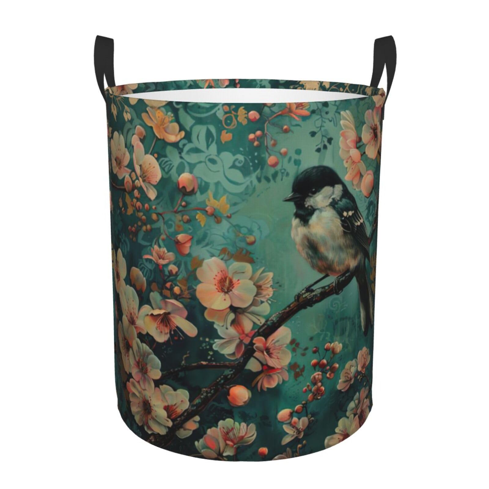 M Collapsible Laundry Hamper Round Flower and Bird Art Print Storage