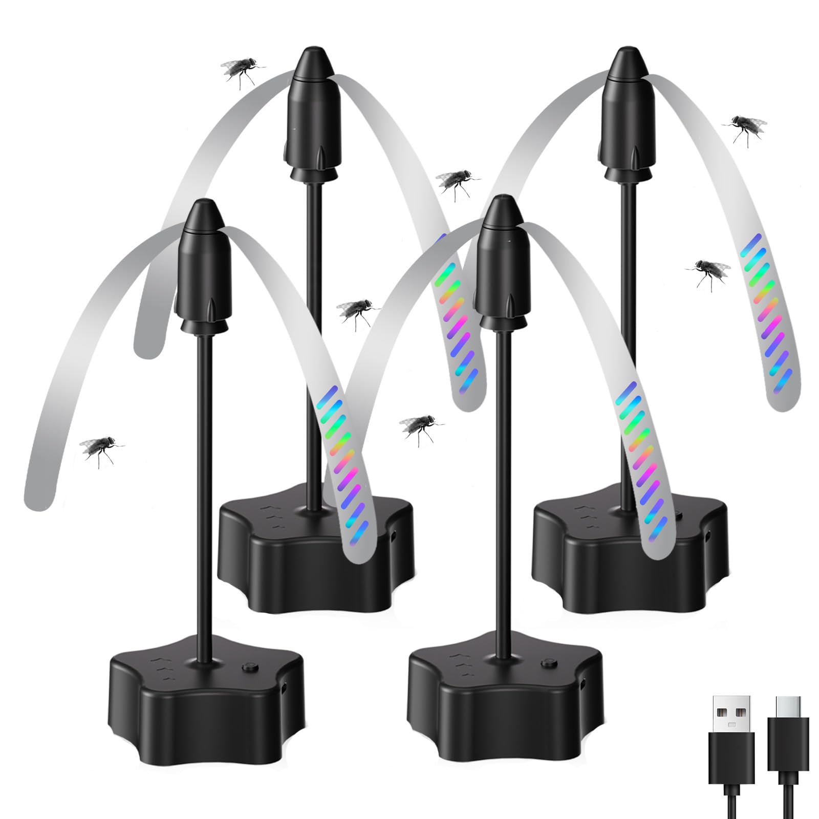 4er Fliegenwedler, USB-C aufladbar Fliegenfächer für Tische, tragbarer Fliegenabwehr Ventilator mit holografischen Reflexflügeln, leiser Fliegenvertreiber für Innen und Außen, Grillen, Picknick