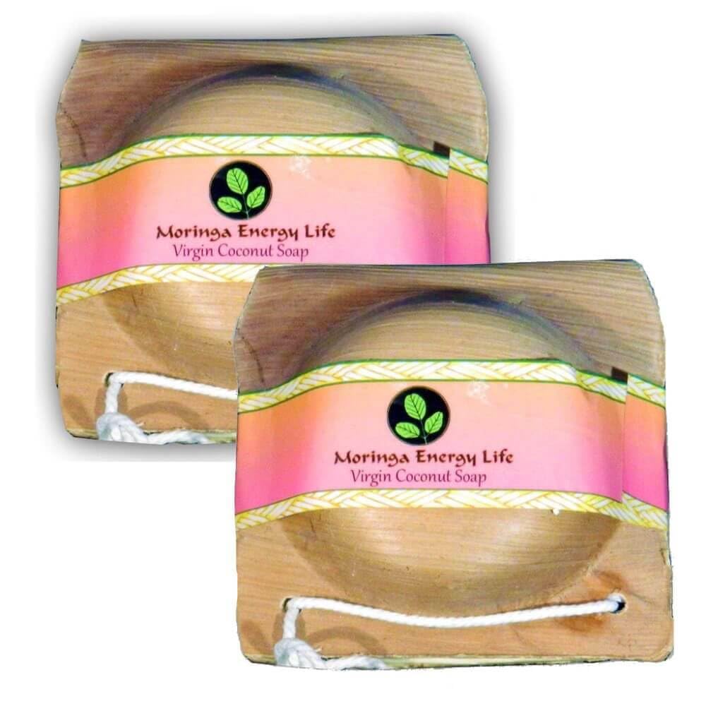 Moringa Energy Life Moringa Coconut Soap Two 3.4 oz moringa soap bars in a natural palm frond package! Nourish Your Skin with Moringa Oil & Coconut Soap bars for bath, face, body
