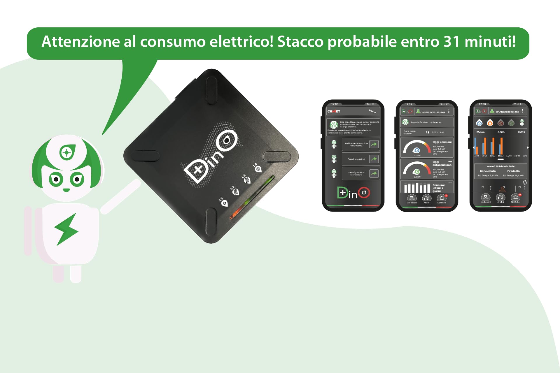 Dino Plus LAN+WIFI misura energia elettrica senza installatore con CHAIN2 in onda convogliata sulla rete elettrica. Plug&Play senza installazione!Gestione fotovoltaico.Avviso stacco corrente contatore