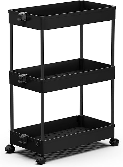 SPACEKEEPER Storage Trolley 3-Tier Slide Out Rolling Utility Cart Storage Shelf Rack on Wheels Multi-purpose Shelving Organizer for Office, Kitchen, Bedroom, Bathroom, Laundry Room & Dressers, Black