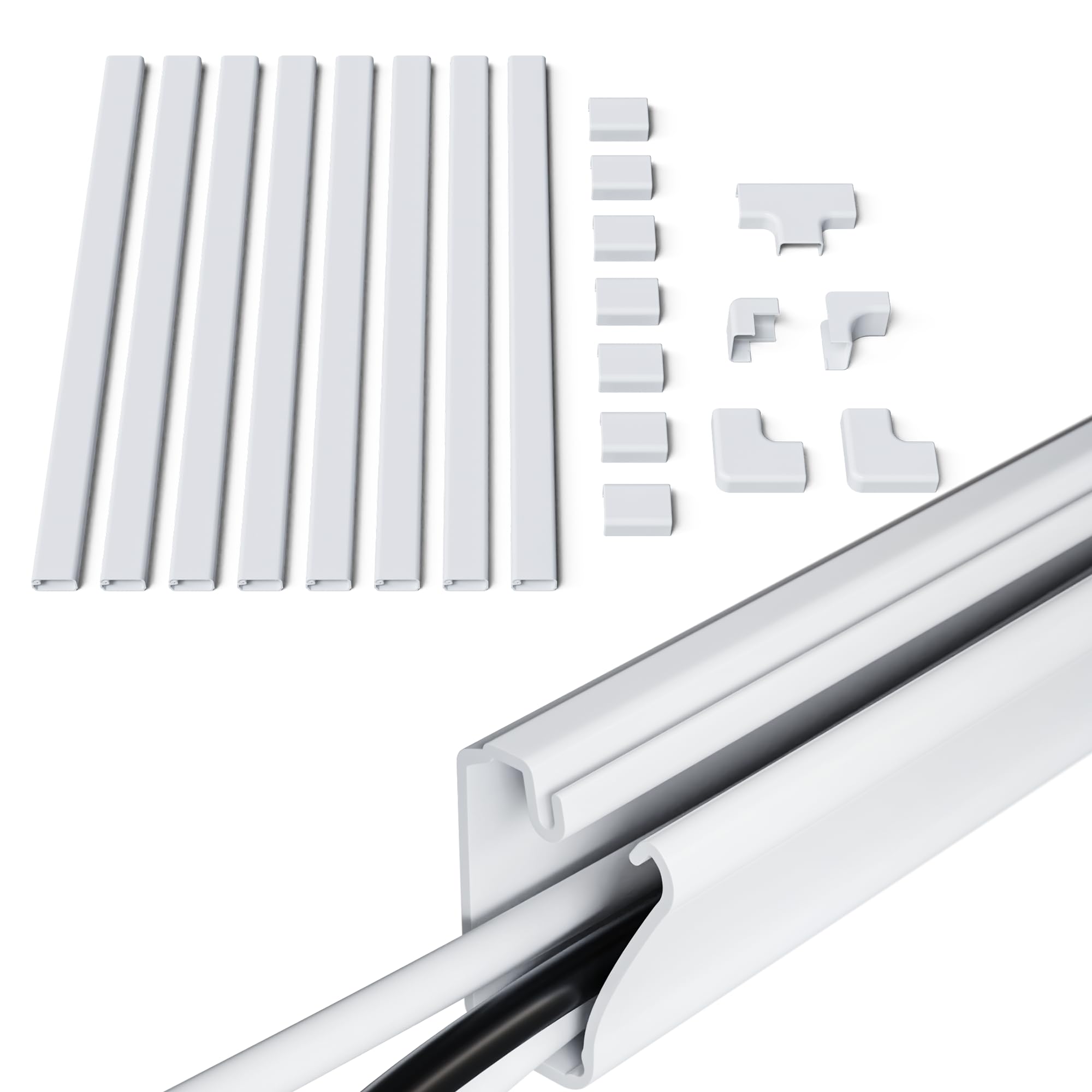 ECHOGEAR Cord Cover for Wires On Wall - Peel & Stick Cable Hider Channel with 10 feet of Plastic Raceway Plus Connector Pack - Ideal for Wall Mounted TVs - White