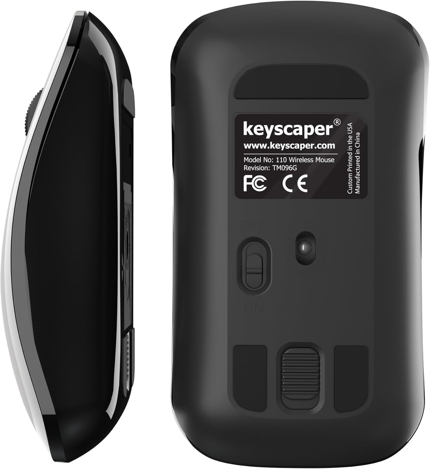 Underside of the mouse showing ON/OFF switch and optical sensor