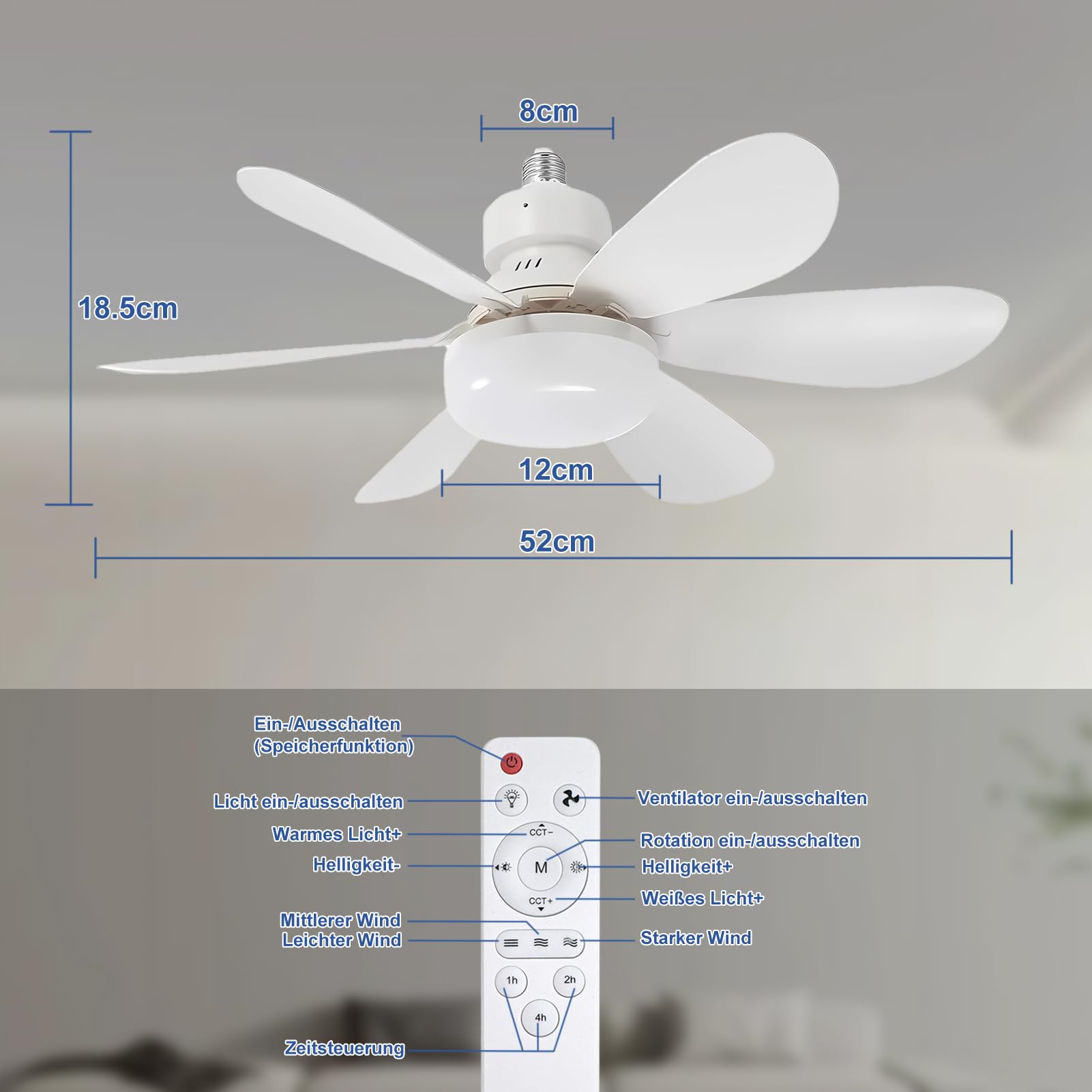 52CM Ventilateur de plafond avec éclairage et télécommande, 40 W 3000 K-6500 K Plafonnier avec ventilateur 3 vitesses Silencieux, intensité réglable, minuterie pour chambre à coucher et salle à mang