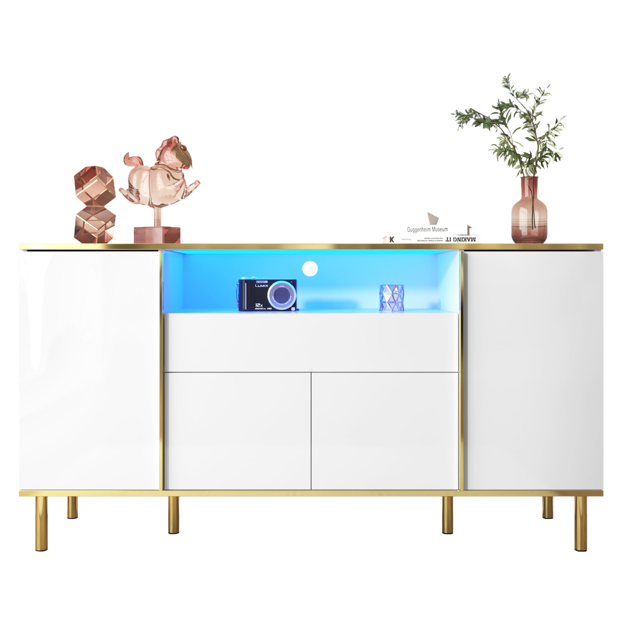Azkoeesy Credenza 150 cm con LED per soggiorno, Bianco lucido con oro, 4 ante e 1 cassetto, apertura a pressione, mobile TV, cassettiera, per sala da pranzo e cucina