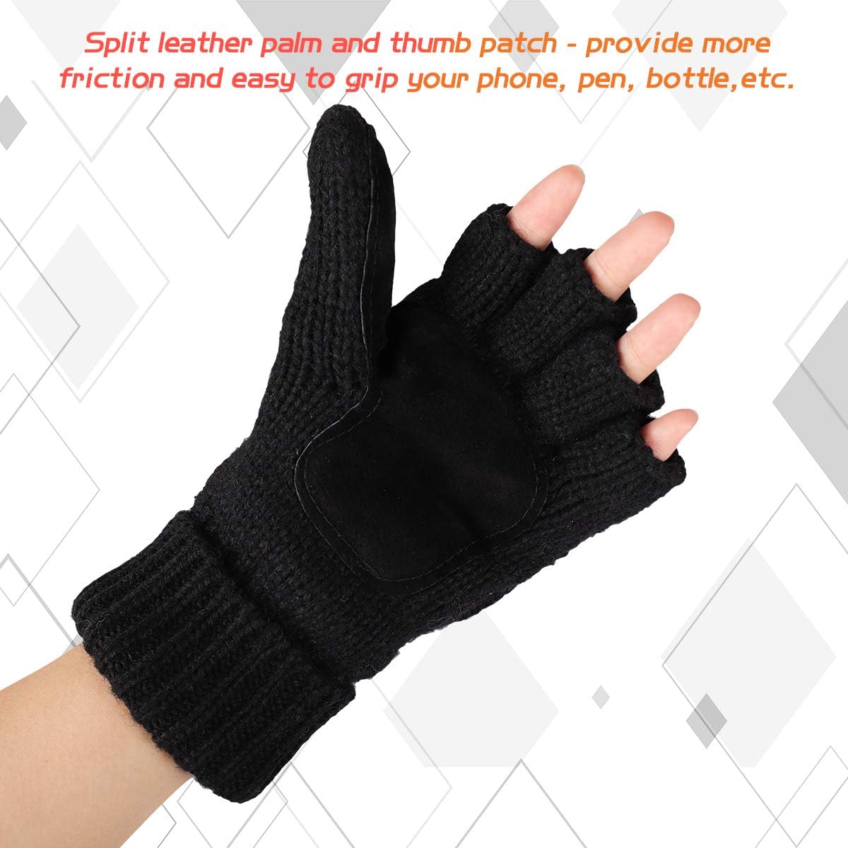 Thermal Insulation Fingerless Texting Wool Gloves for Women and Men Winter Warm Knitted Convertible Mittens Flap