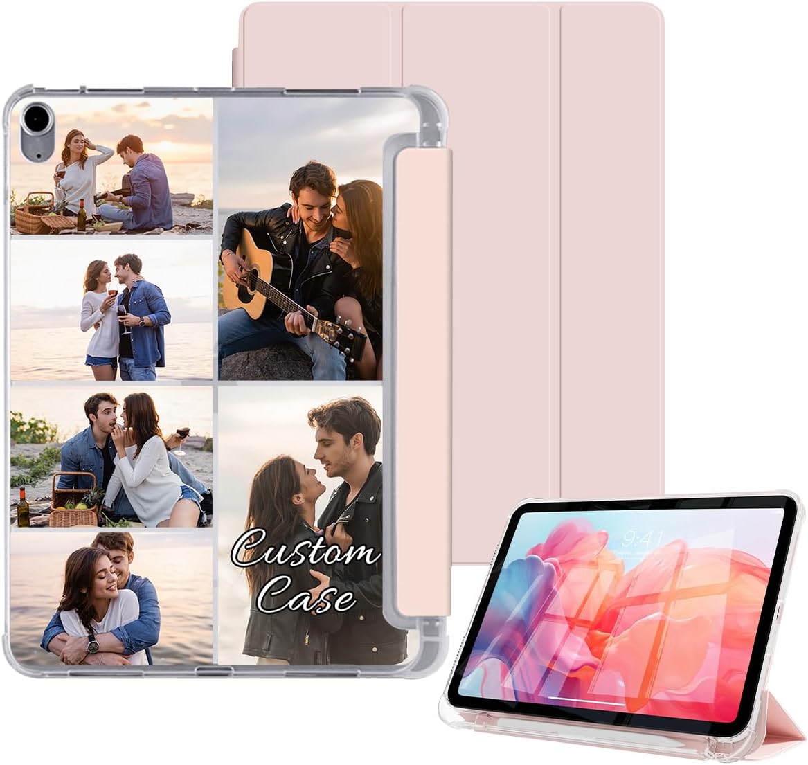 Personalized Photo Case for iPad Air 11-inch M4 M3 M2 2026 2025 2024 [Built-in Pencil Holder] Custom Collage Picture Text Flip Folio Cover Kickstand Smart Auto Wake/Sleep Trifold TPU Clear Back, Pink