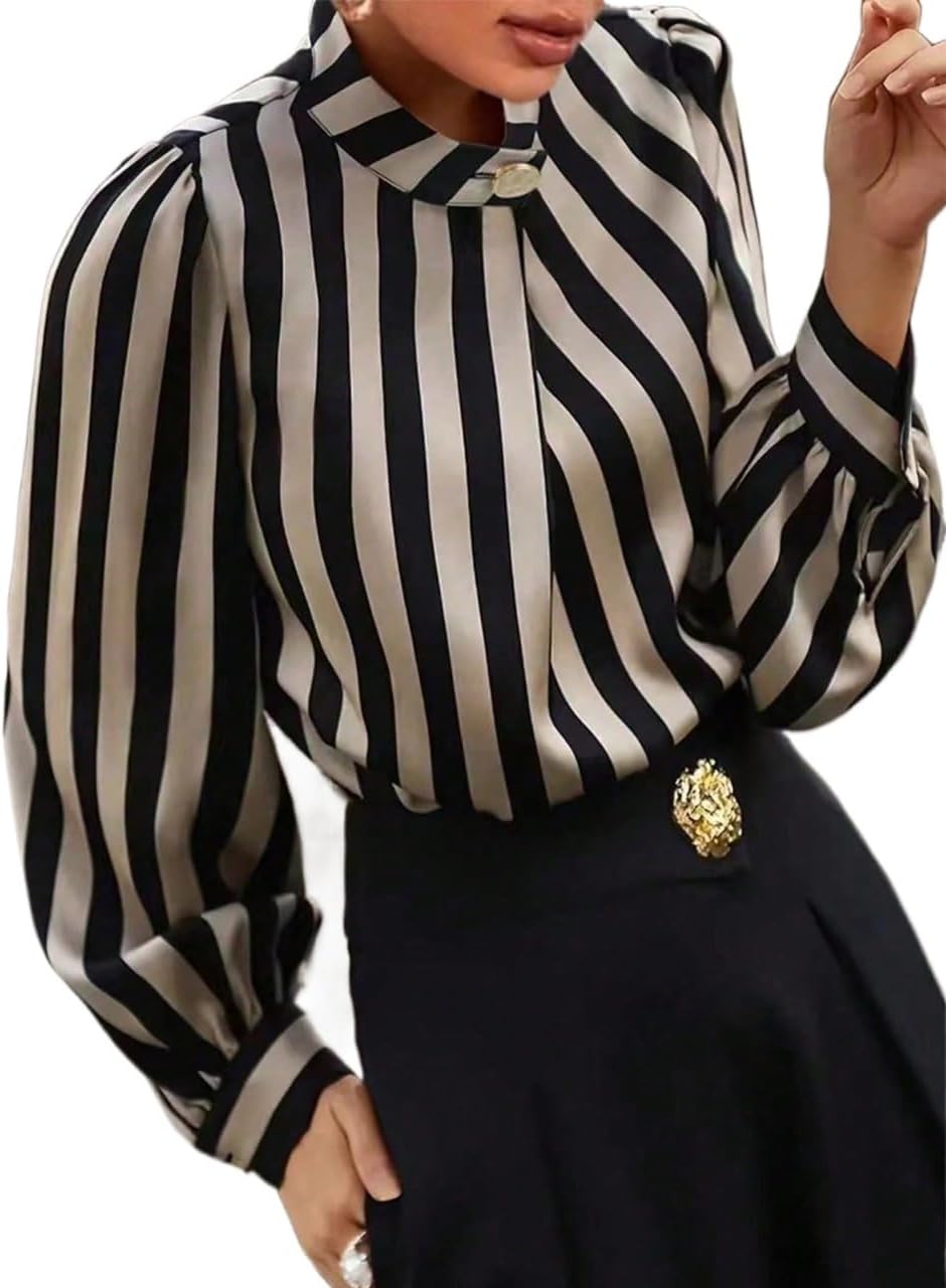 Women's Classic-Fit Shirt Striped Mock Neck Blouse(XX-Large)