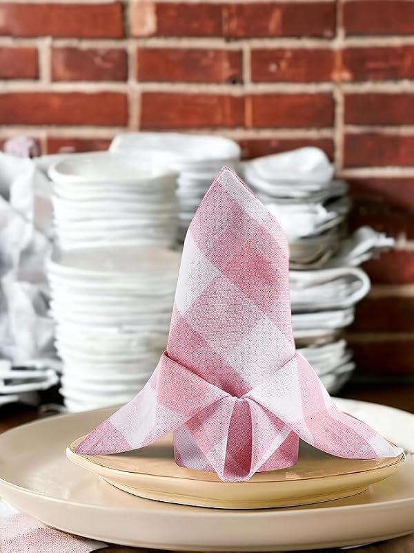 GFI LINEN CLUBS 100% Cotton Dinner Napkins, 18x18 Inch,Set of 12 Baby Pink & White Gingham Check, Soft, Absorbent, Washable, Reusable Ideal for Home Wedding Parties by GFI LINEN CLUBS - Used condition - Image 3