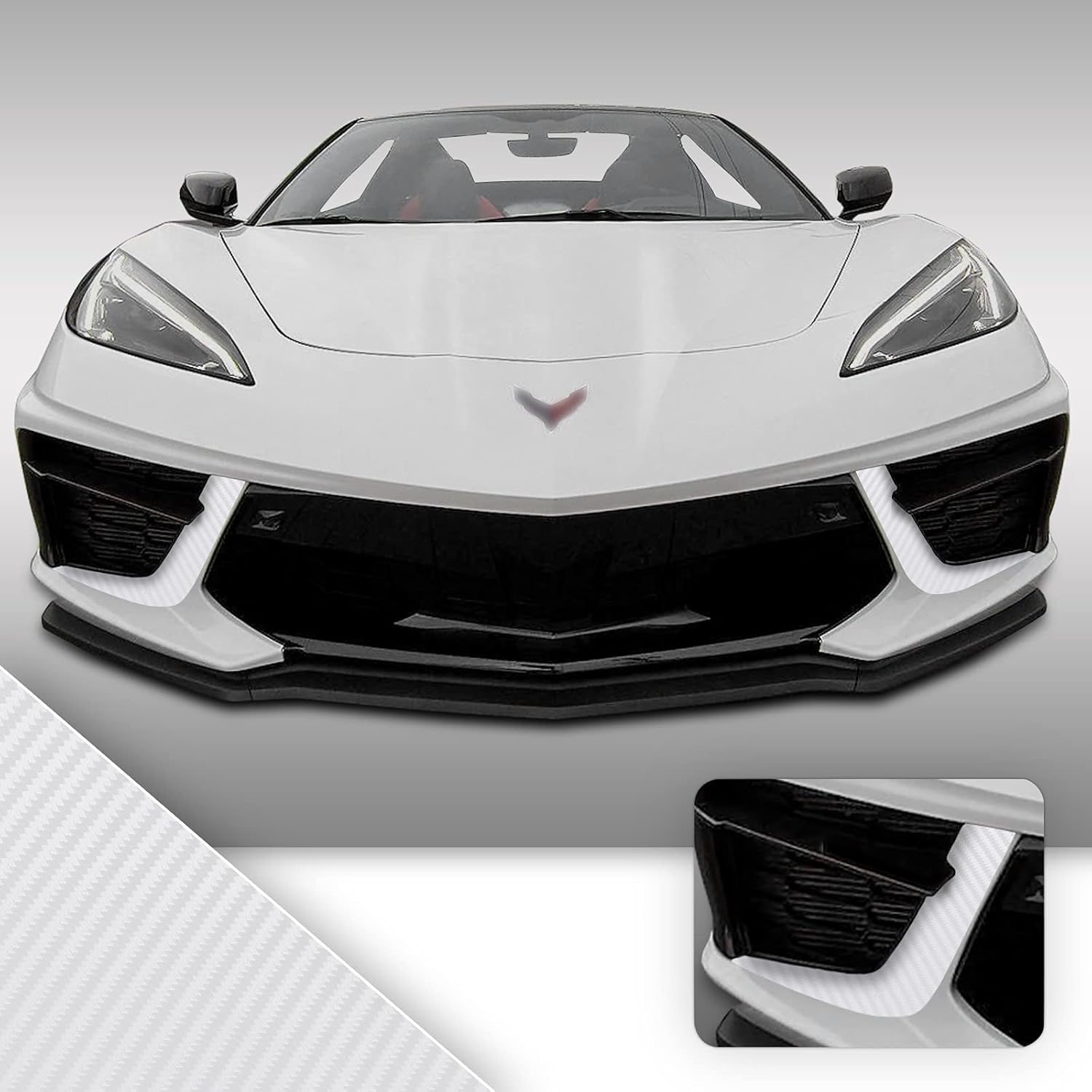 Front Bumper Air Intake Graphic Overlay Pre Cut Vinyl Decal Compatible with Chevrolet Corvette C8 2020 2021 - Carbon Fiber White