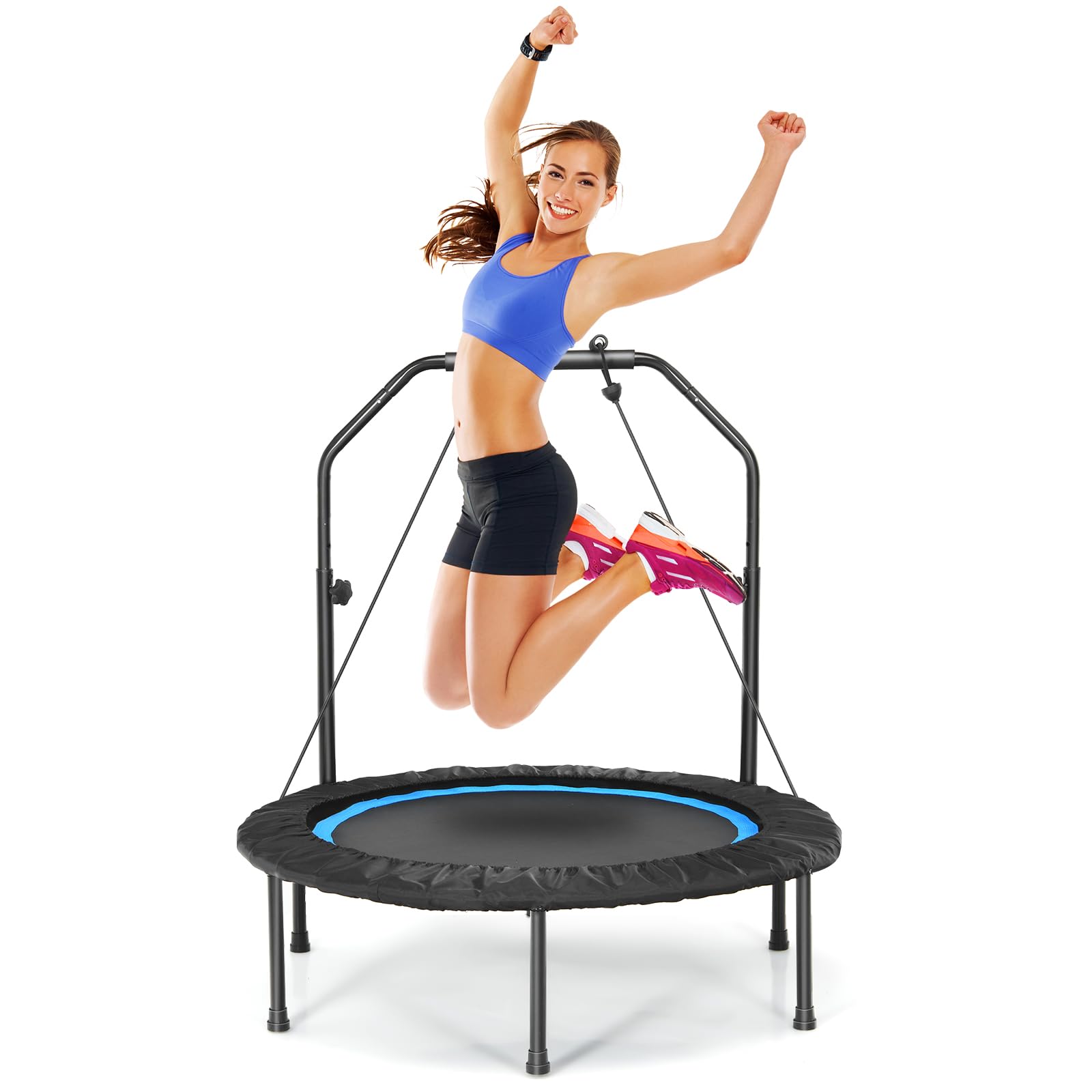 GYMAX Plegable Fitness Trampolín para Adultos y Niños, hasta 150 kg, Cama Elastica Fitness con Silencioso y Plegable, Mango de Espuma Ajustable en Altura y 2 Bandas de Resistencia