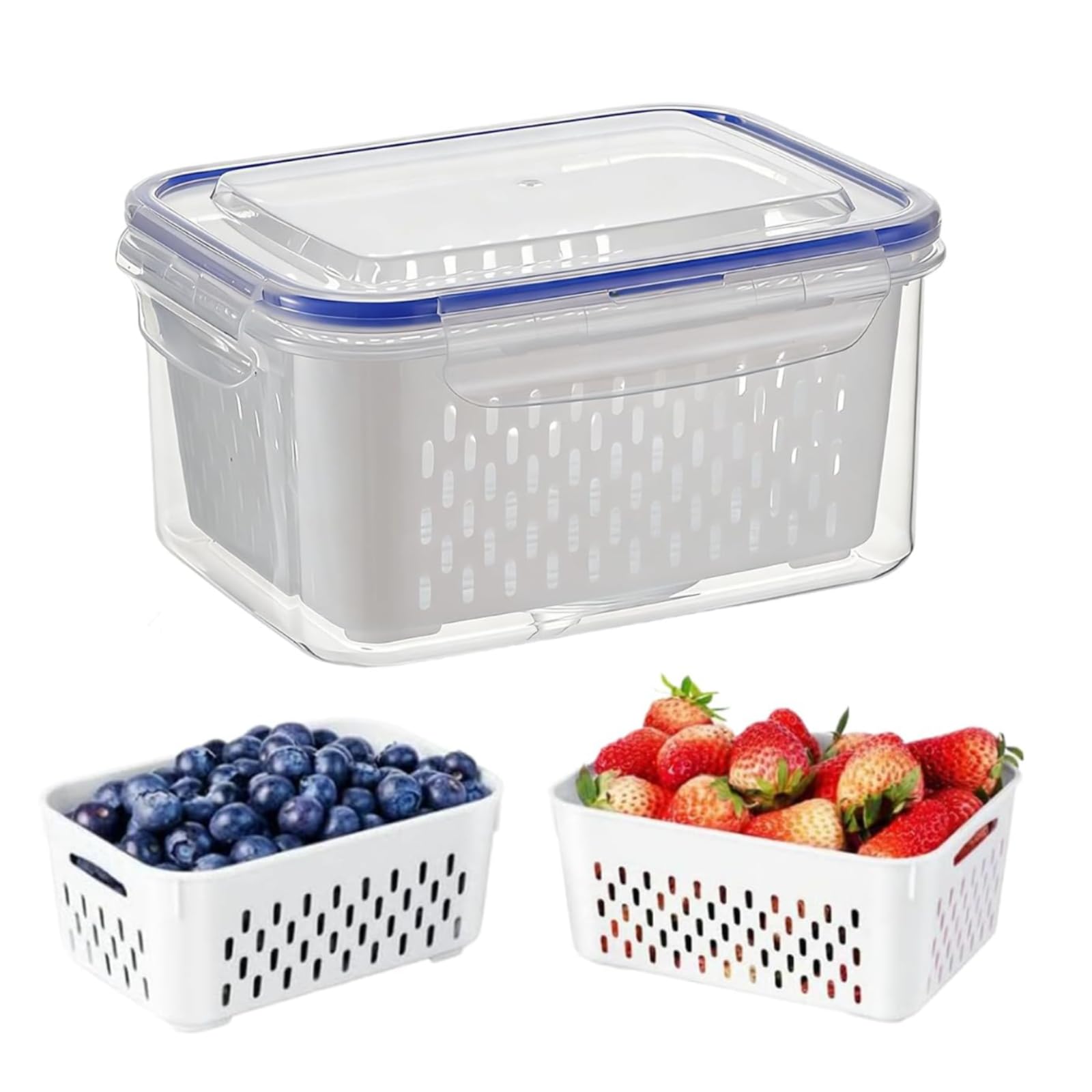 4 in 1 Fruit Storage Containers for Fridge with Colander, Airtight Produce Saver with Removable Drain Basket, Stackable Food Storage Containers with Waterproof Lid, for Vegetable & Berry Organization