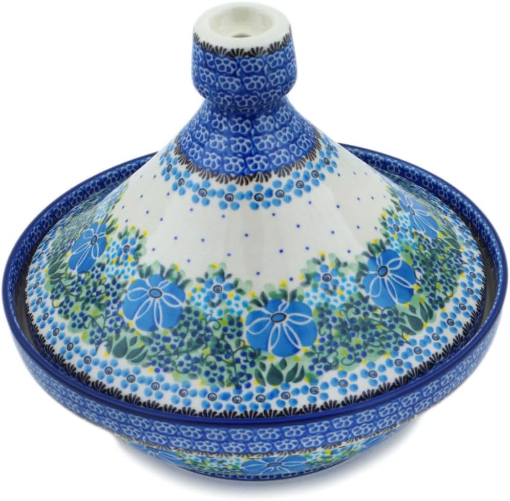 Polmedia Polish Pottery Tagine Pot UNIKAT - Morning Glory Pattern Handmade in Boleslawiec Poland by Ceramika Artystyczna + Certificate of Authenticity