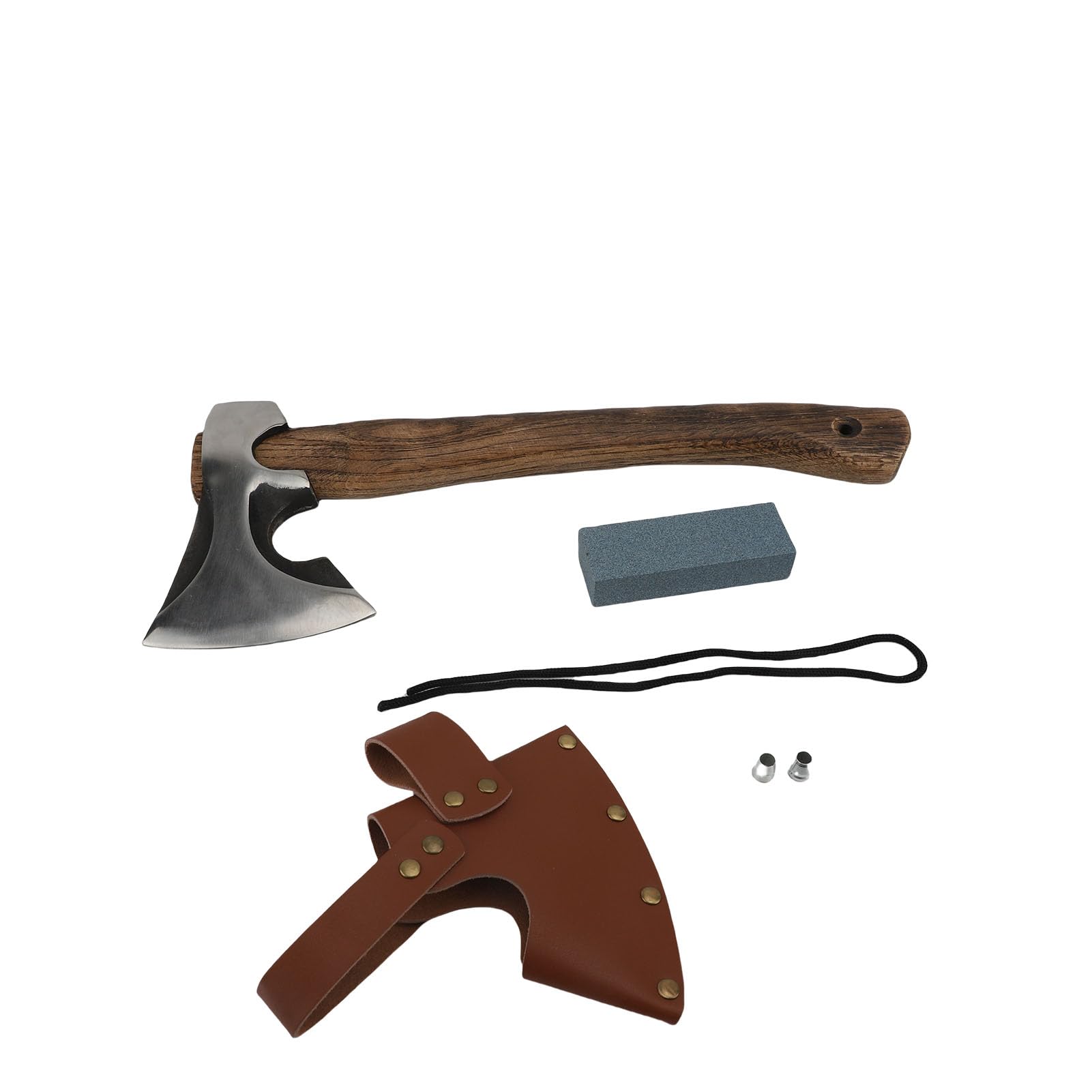Ascia da Campeggio, Accetta Compatta Bushcraft con Fodero in Pelle e Pietra per Affilare per Sopravvivenza All'aperto Giardinaggio Intaglio del Legno, Manico in Legno