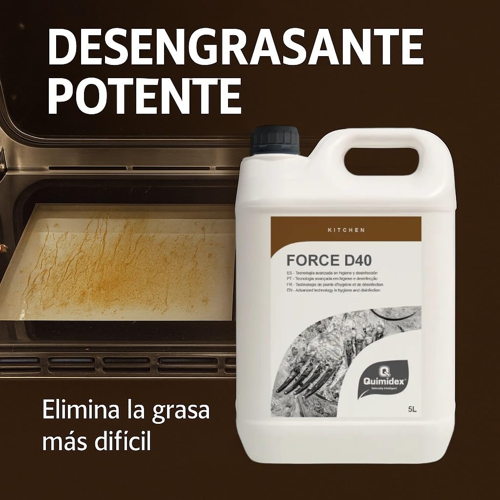 FORCE D40 - Desengrasante Profesional para Planchas y Hornos, Limpieza en Caliente de Grasa Requemada y Carbonizada, Uso en Cocinas Industriales, 5L