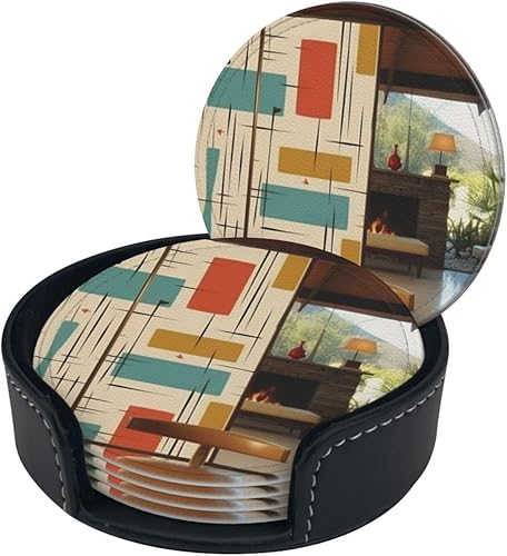 Miniatura 2 de Juego de 6 posavasos modernos de mediados de siglo con soporte de cuero, protector de mesa para bar, decoración de tazas, almohadilla para mesa de