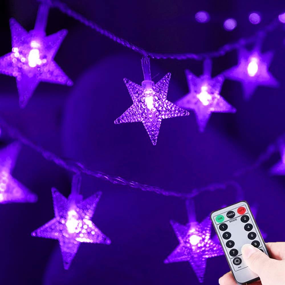 HUGSVIK 50 LED Purple Star Lights String, 8 Modes Battery Operated String Lights, Waterproof Purple Halloween Christmas Lights for Bedroom Kids Room Decor Playhouse Classroom Space Camping