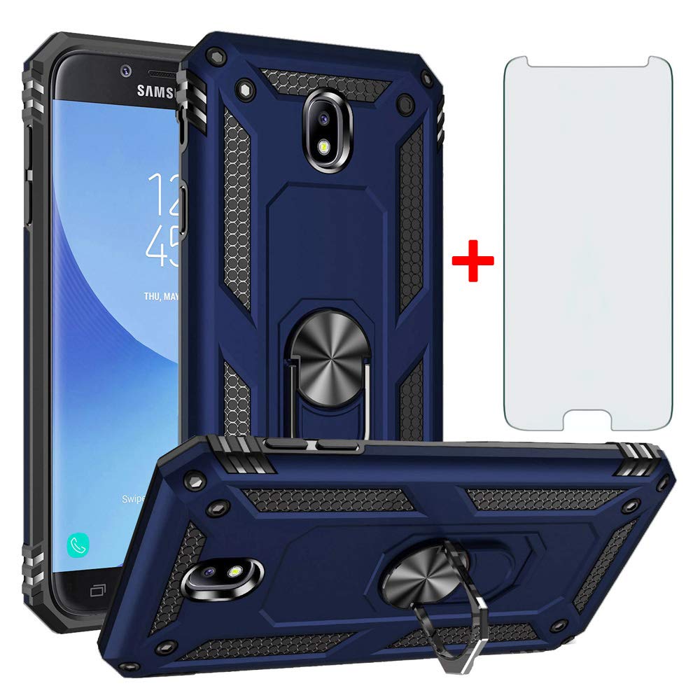 Phone Case for Samsung Galaxy J5 2017 with Tempered Glass Screen Protector Cover and Stand Ring Rugged Silicone Rubber Holder Hard Shockproof Heavy Duty Accessories Glaxay J 5 Pro Duos SM-J530F Blue
