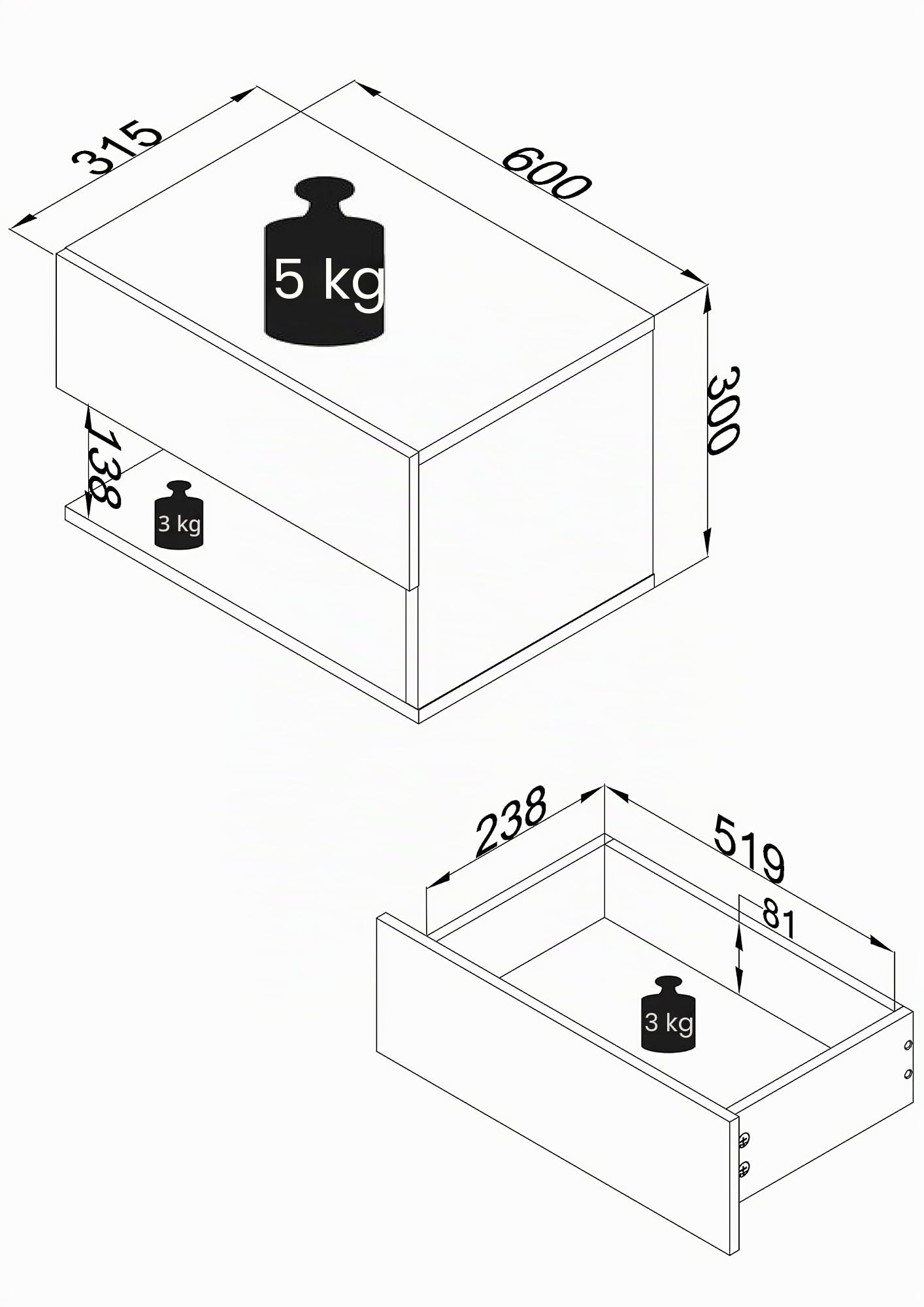 VCM Nachtschrank | Wandschublade | Wandboard | Nachttisch |Maße ca. H. 30 x B. 60 x T. 32 cm - Usal XL 60 cm Schwarz/Honig-Eiche