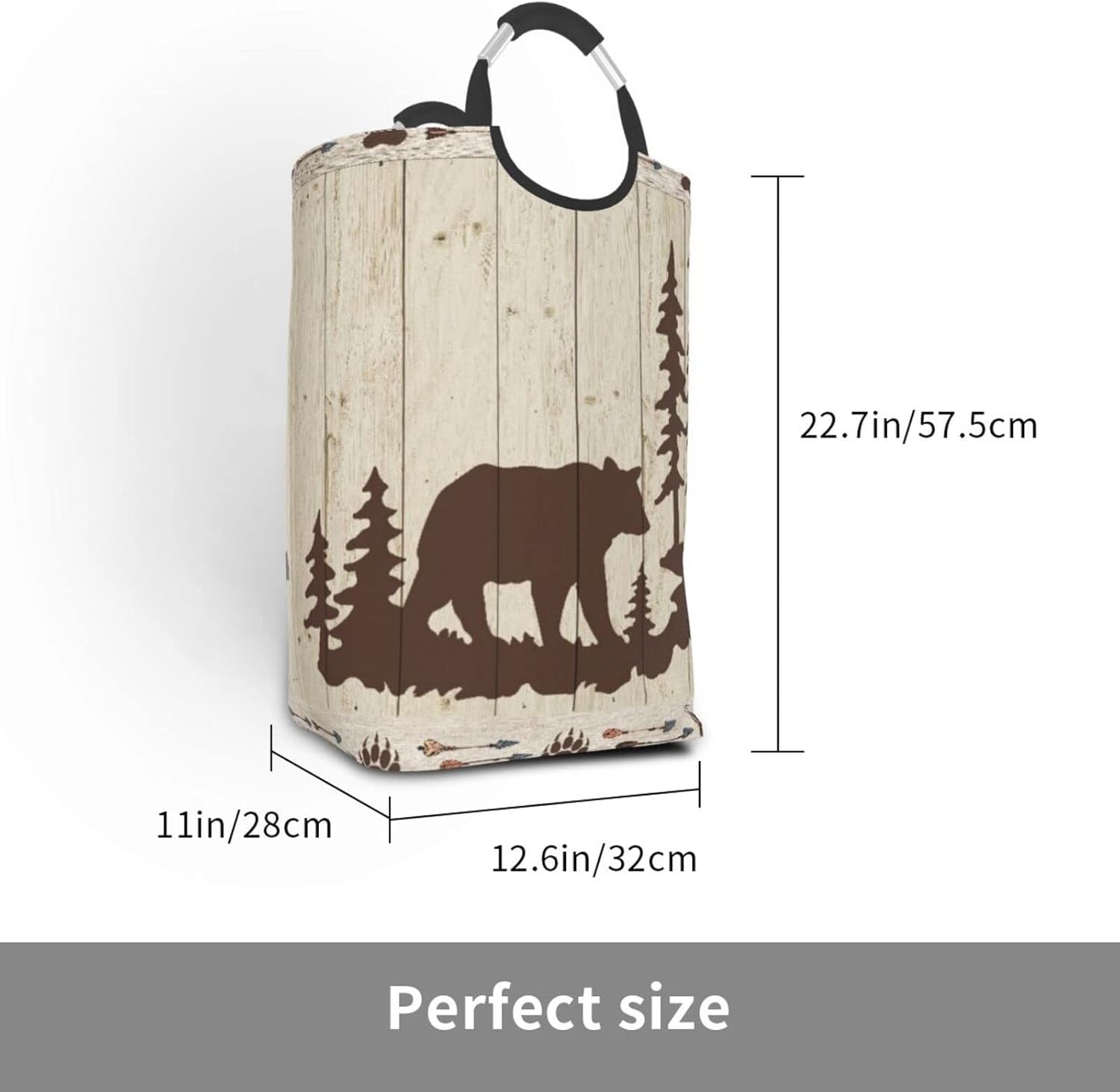 Large Laundry Basket,Wild Animals Rustic Cabin Forest Bear Paw Print Wooden Board,Laundry Hamper Collapsible Organizer Bin with Handles Washing Bin Dirty Basket for Clothes Toys