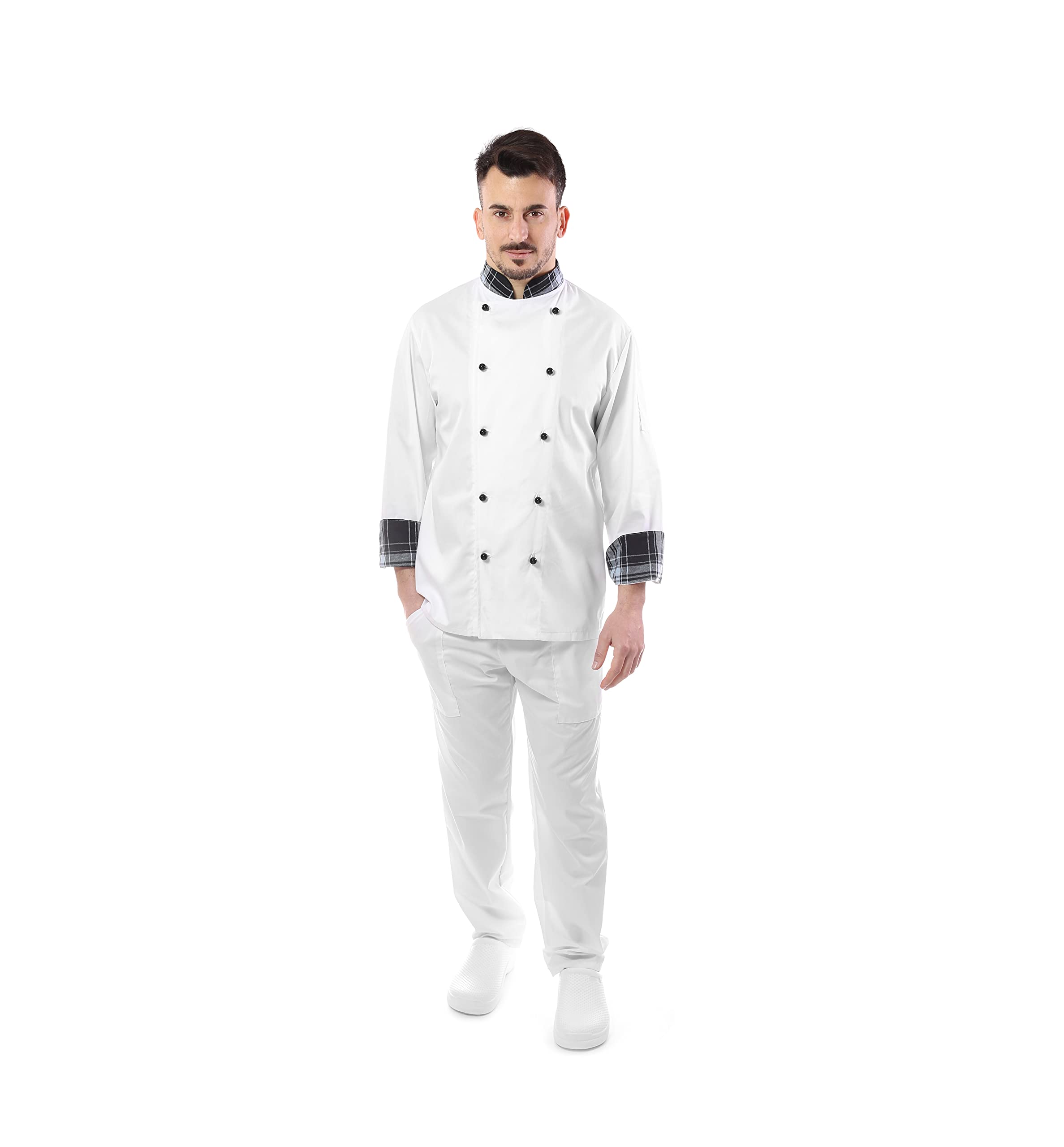 Bordado Gratuito Completo Cocinero Hombre Uniforme Chef Blanco, Escocés Personalizable Chaqueta, Pantalones y Delantal Uniforme para Cocina y Restaurante Made in Italy,