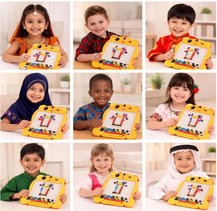 Image of Yellow Magnetic Drawing Board for Kids - Magnetic Mosaic Puzzle Board with Color Beads, Magnetic Pen & Pattern Cards - Educational STEM Learning Toy for Kids - (Pack of - 1)