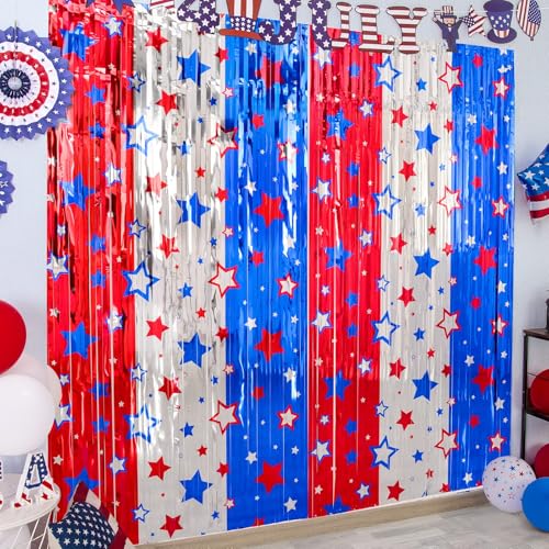 LOLStar 4th of July decorations, 3 Pack Red White Blue Decorations, 3.3x6.6ft Star Pattern Tinsel Foil Fringe Curtains, Photo Booth Props Backdrop for Memorial Day, Patriotic, USA Party Decor Supplies