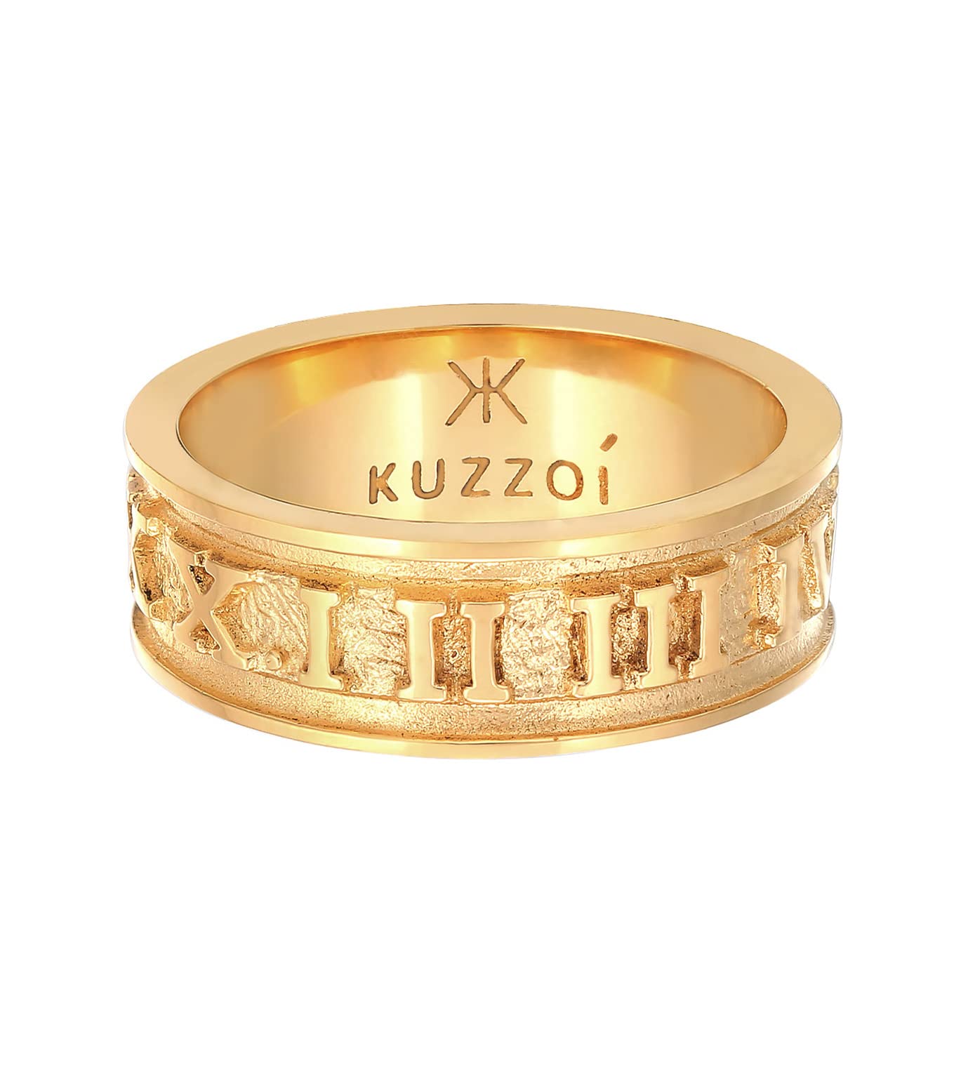 Kuzzoi Herrenring golden Bandring massiv (8 mm) 925 Silber vergoldet | Schmuck Accessoire mit römischen Ziffern Ring für Männer in der Ringgröße 60–66