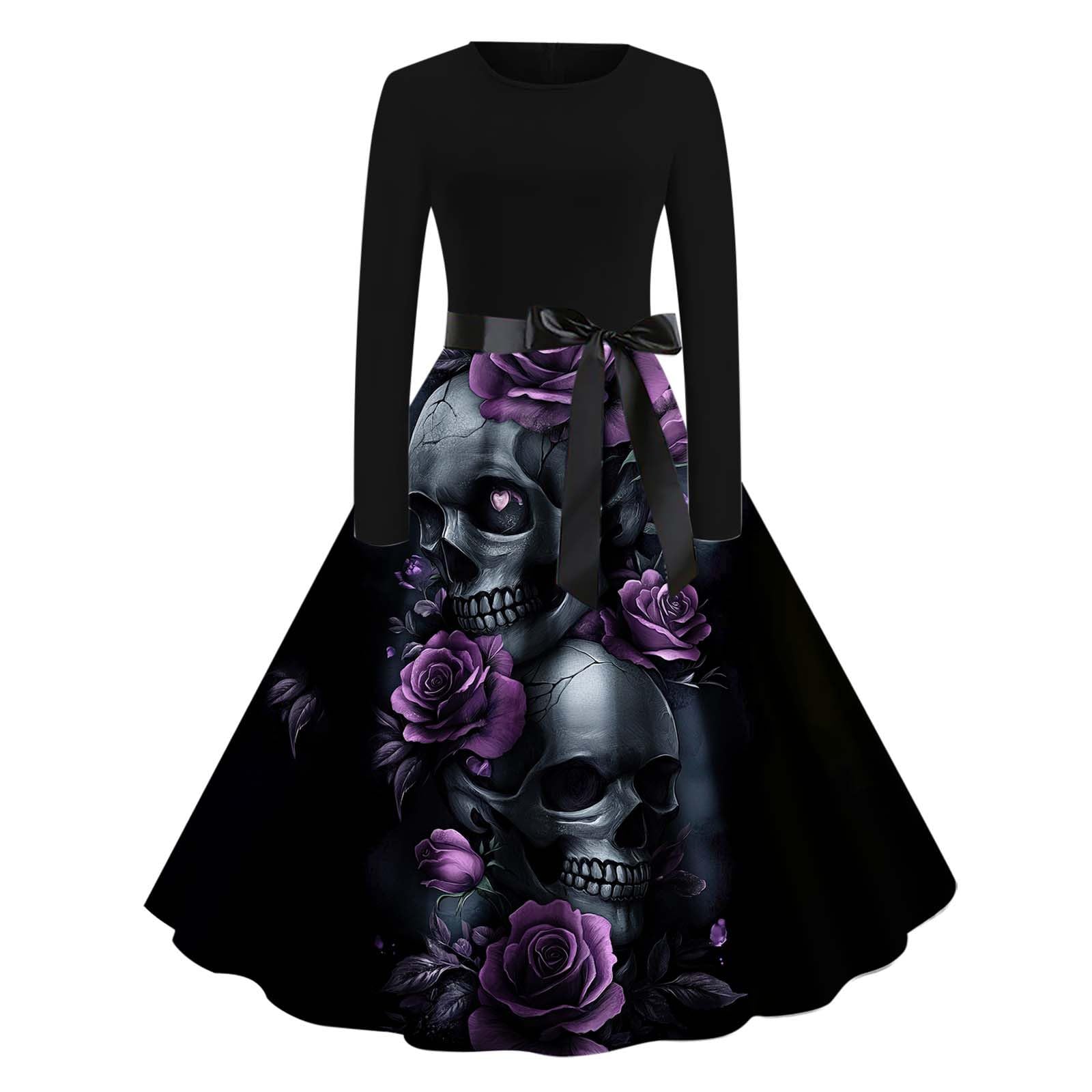 HAOLEI Halloween Costumes Adult Women, Ladies Halloween Dress Retro Pumpkin Skeleton Print Long Sleeve A Line Swing Dress Black Vintage Skull Witch Rockabilly Party Cocktail Novelty Dresses