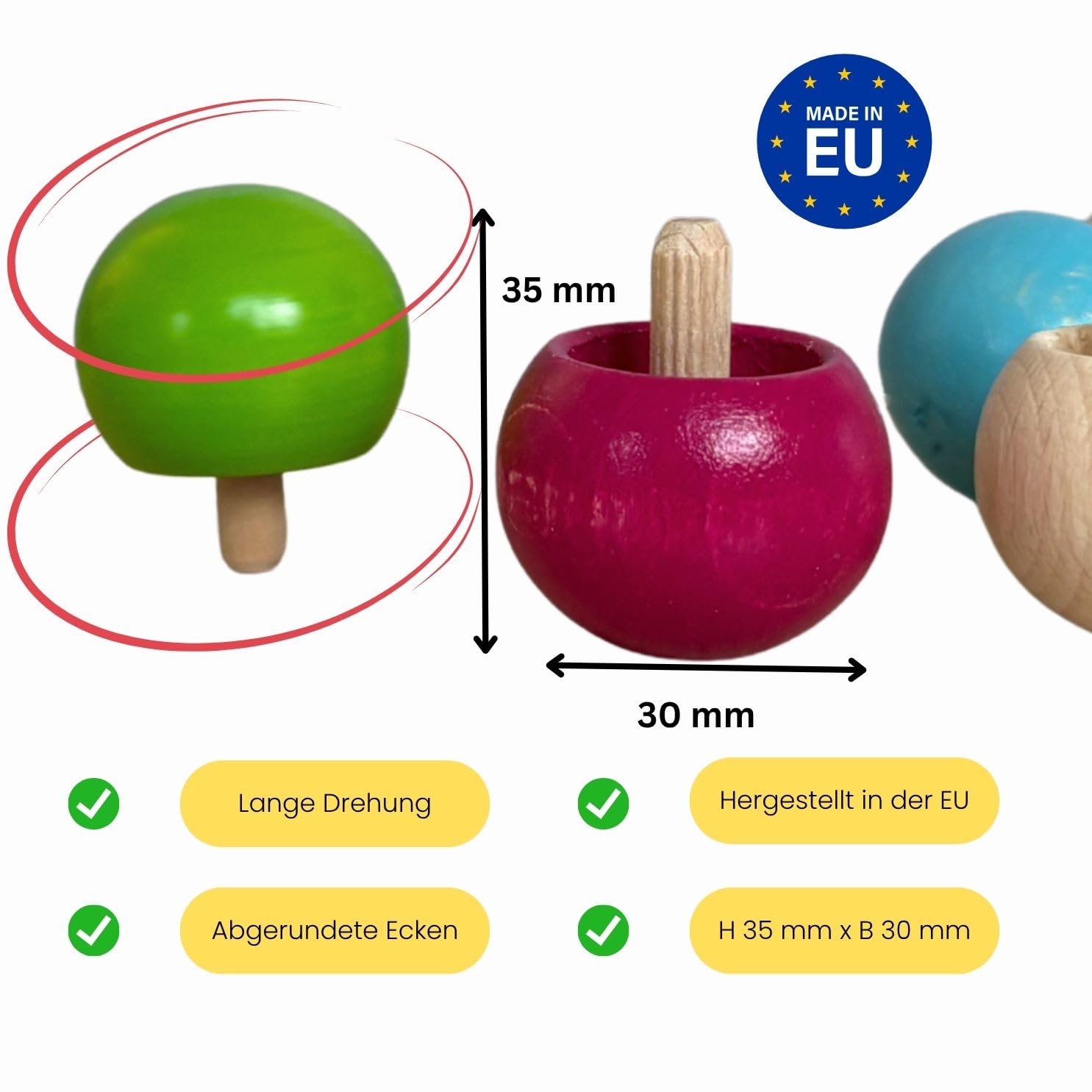 GICO Peonza De Inversión De Madera – Peonza De Pie, Juego 4 Colores Pastel + 1 Natural, Diámetro 30 Mm