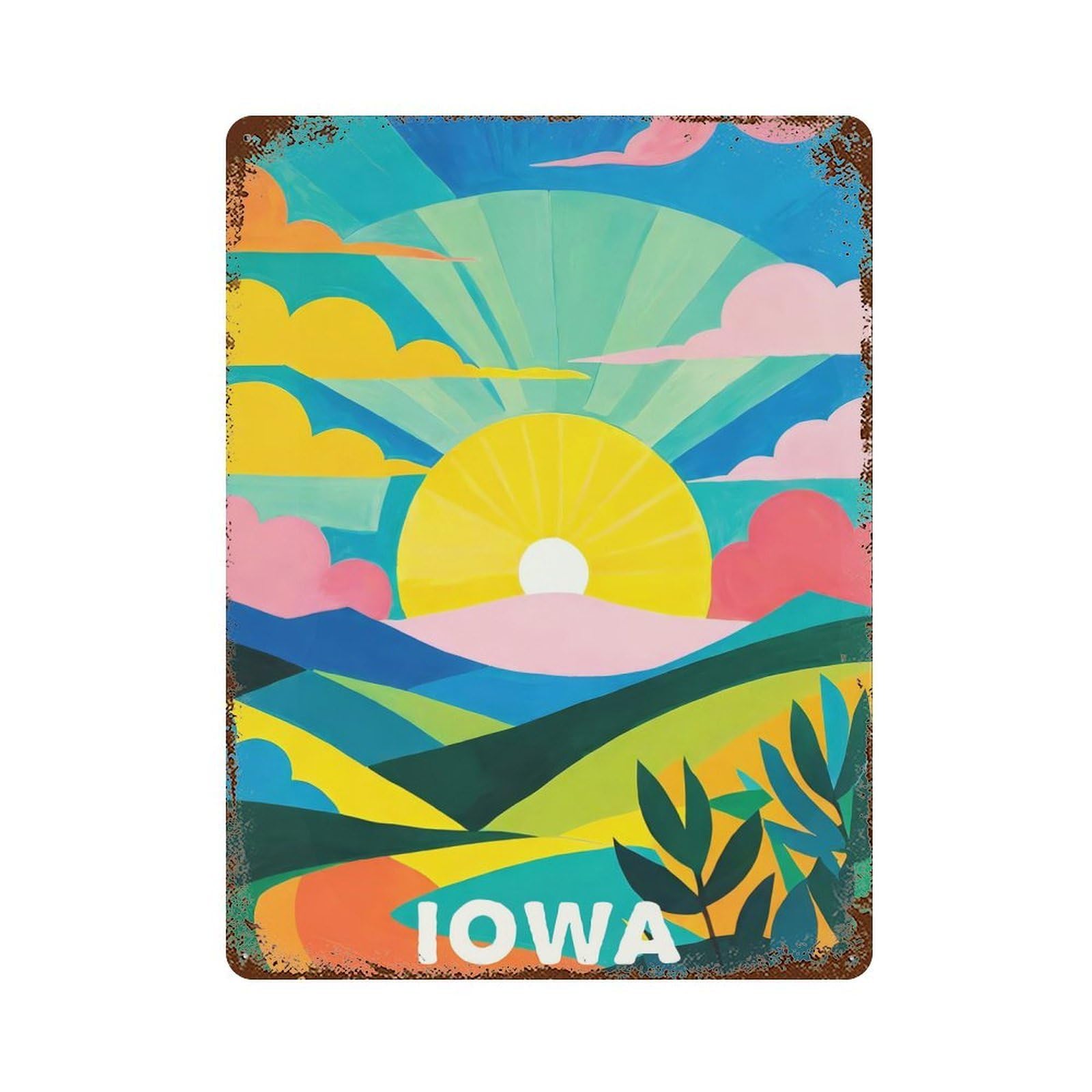 Colorful Iowa Sunset Weathered Tin Sign 15.7"x11.8", Decorative Metal Wall Art for Garage, Bar And Workshop Decor