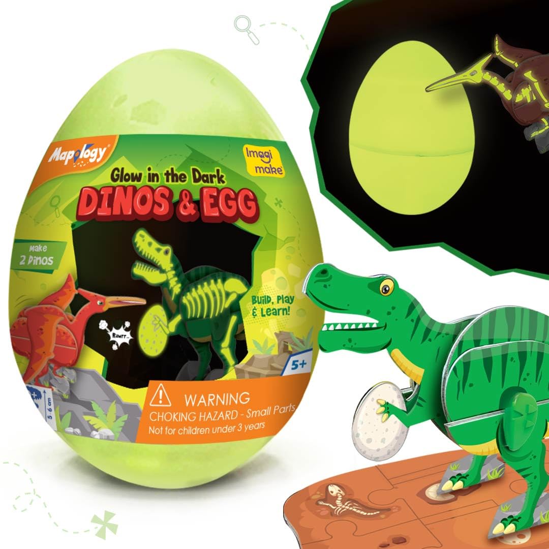 Imagimake Mapology Glow in The Dark Dinos & Egg |3D Dinosaur Puzzle for Kids | Build and Play with Glowing Dinosaur Toys | Birthday and Return Gifts for Kids Ages 5,6,7,8,9