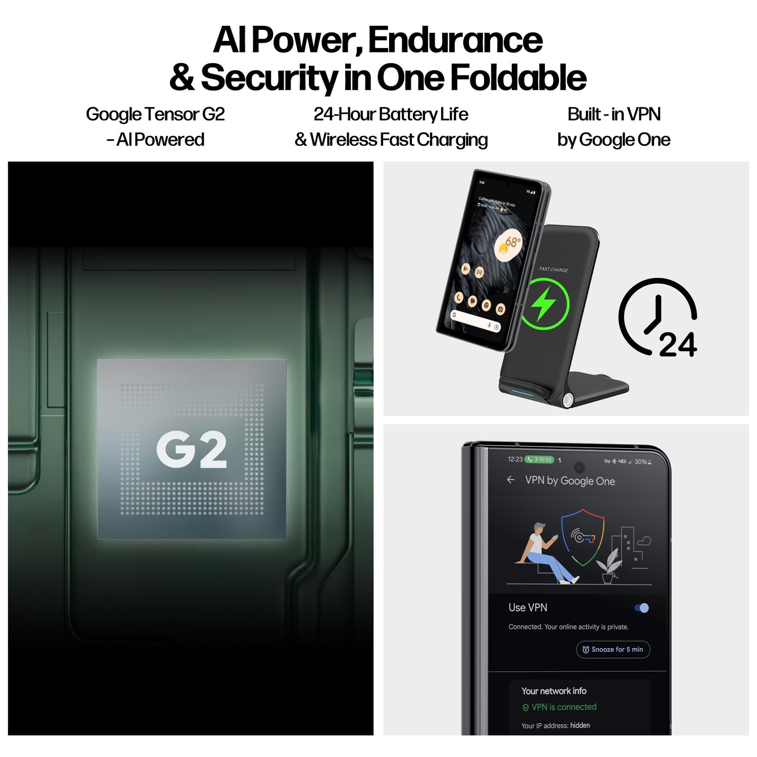 Google Pixel Fold Phone - Unlocked Android 5G Smartphones with 7.6" OLED Display, 256GB Storage, 12GB RAM, Triple Camera, Foldable Split-Screen Design, 24Hr Battery, Wireless Charging Bundle, Obsidian