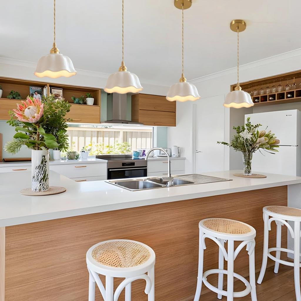 Set di 2 lampadari per soggiorno moderno, a forma di fiore, paralume in ceramica, a sospensione, stile retrò, E27, lampada da soffitto, lampada a sospensione nordica per cucina camera da letto