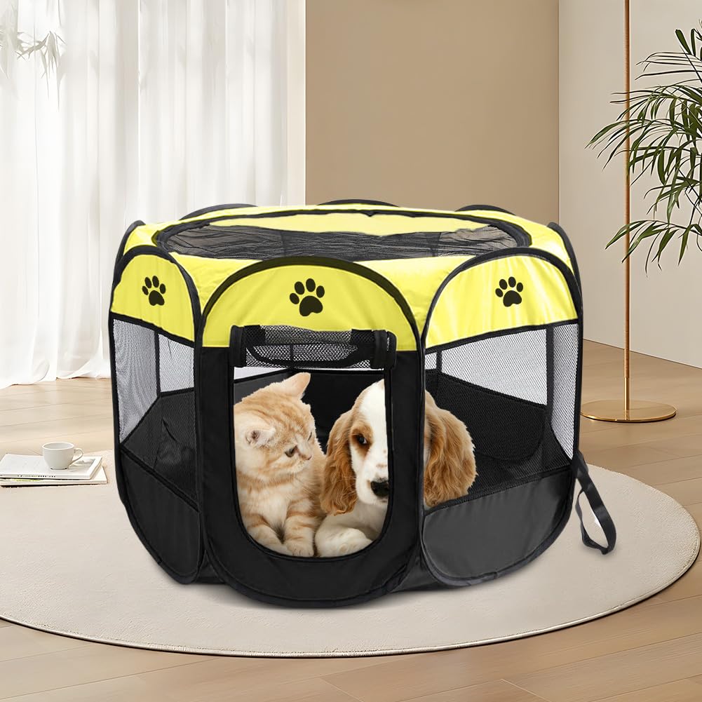 Recinto Cani da Interno, 74x74x43cm Recinto per Gatti, Box Pieghevole per Cane, Gabbia per Gatto Esterno, Box per Cucciolo Gattini Conigli, Giallo