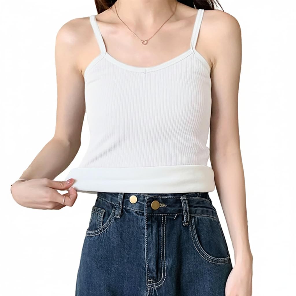 Thermal Top for Women Fleece Lined Winter Inner Wear Cotton Slim Fit V Neck Underwear Tops Camisole Thermals Base Layer Vest Stretchy Warmer Thermal for Women Girls White Comfortable
