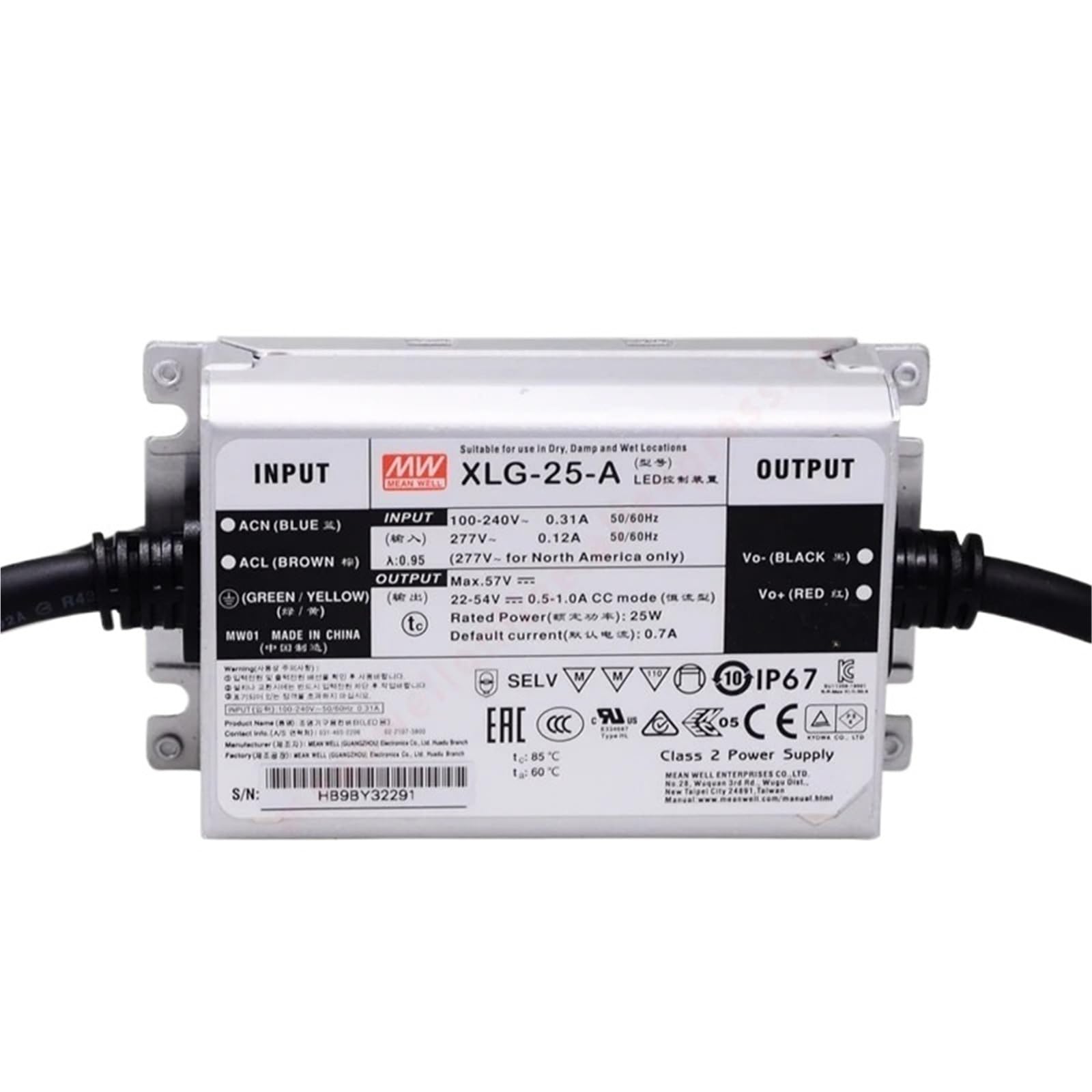 FCARUMIQP XLG-25-A IP67 22-54V/700mA/25W Constant Power Mode LED Driver