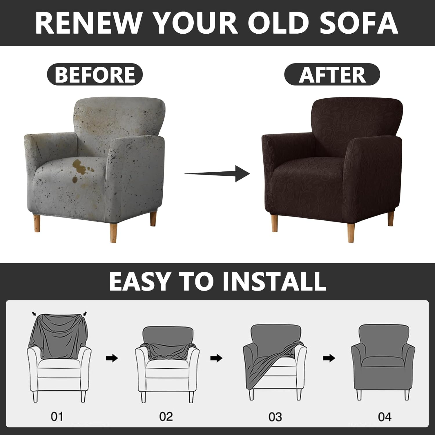 MIFXIN Banquet Armchair Slipcover Chair Cover with Arms 1 Piece Spandex Elastic Stretch Accent Armchair Couch Sofa Cover Furniture Protector for Living Room (Jacquard Chocolate)