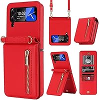 Vista 13 de Funda de lujo con cremallera para Samsung Galaxy Z Flip 4, con función atril, tarjetero ajustable, correa cruzada ajustable, funda con tapa a