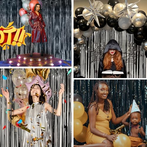 Image of Black Tinsel Foil Fringe Curtains 3.3 x 8.2 ft, Black Fringe Backdrop for Streamers Party Decorations, Glitter Photo Backdrop for Door Decorations Hanging Birthday Bachelorette Halloween (2 Pack)
