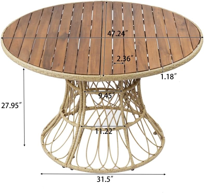 Outdoor Dining Table for 4-6 Person with Round Acacia Wood Top and Wicker Base, Teak Finish Patio Garden Furniture Set Compatible with Matching Chairs