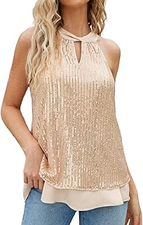 2025 - Top de mujer colgante con lentejuelas para chaleco sin mangas sin hombros camiseta azul