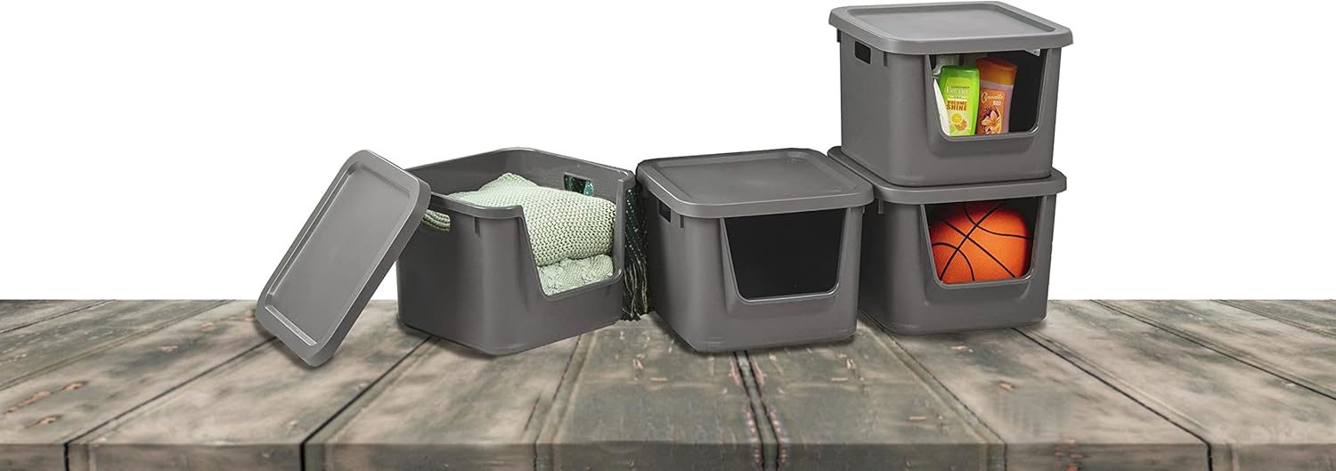 SEDLAV Square Stacking Bin Plastic, Gray Flannel, Set of 4