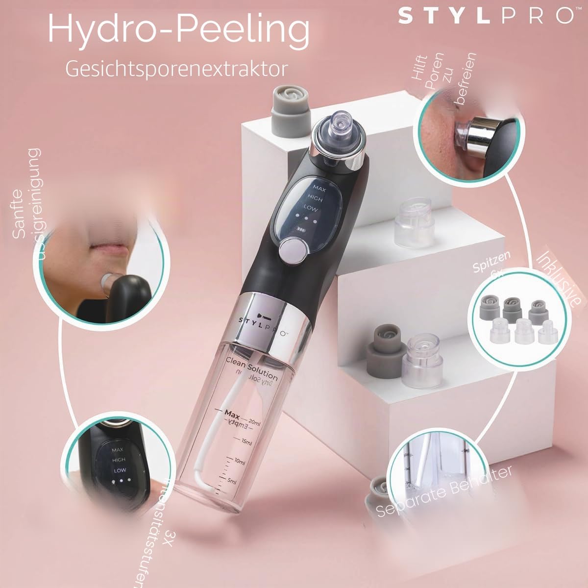 STYLPRO HYDRO EXFOLIATOR – Kabelloser, wiederaufladbarer Porenreiniger mit Vakuum. Entfernt abgestorbene Haut, klärt Poren, spendet Feuchtigkeit und beseitigt überschüssiges Öl