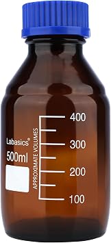 Labasics Reagent Media Storage Bottles, 1 Pack Amber Glass Graduated Round Bottles for Laboratory Reagent Media Storage with Blue Screw Cap, 500 ml