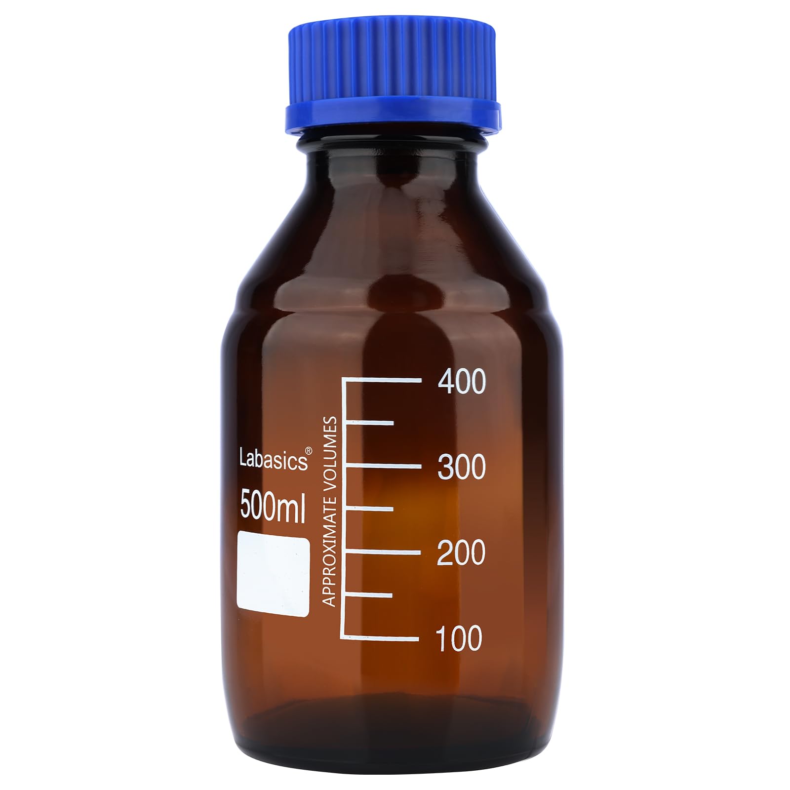 Labasics Reagenz Medien Vorratsflaschen, 1 Pack Bernsteinfarbene Glas Graduierte Runde Flaschen für Labor Reagenz Medienlagerung mit Blauer Schraubkappe, 500 ml